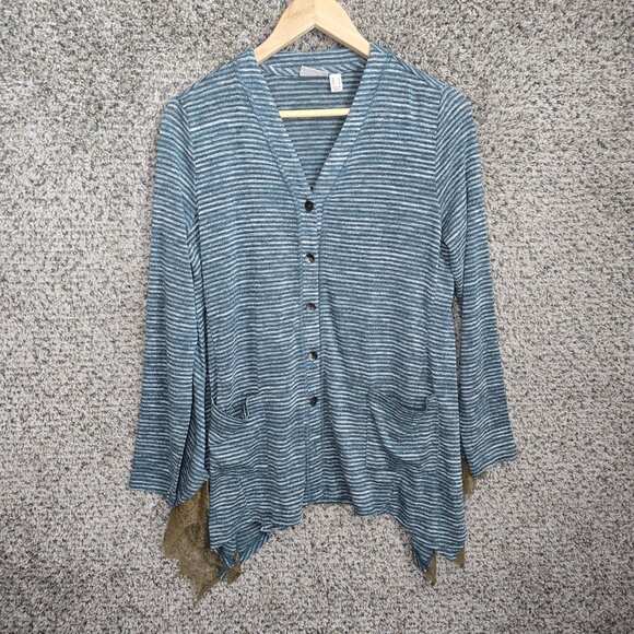 LOGO Lori Goldstein Cardigan Womens Small Green Striped Button Up Pockets Knit - Picture 1 of 7